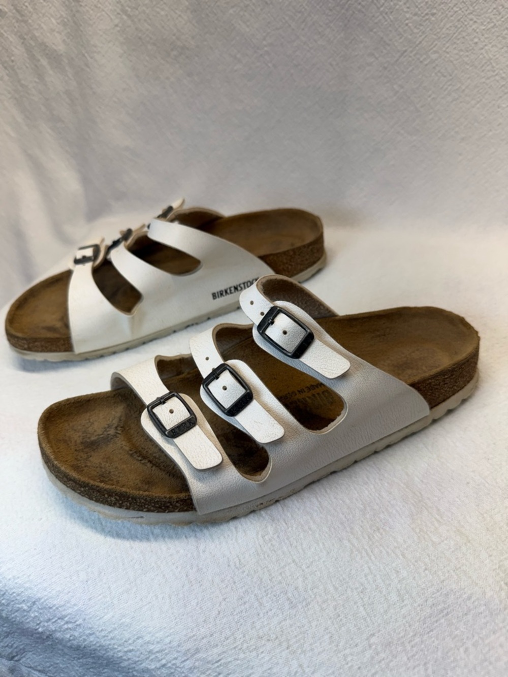 Hippie Style Birkenstock Women Florida White Triple-Strap Cork Footbed Sandals - Picture 3 of 10